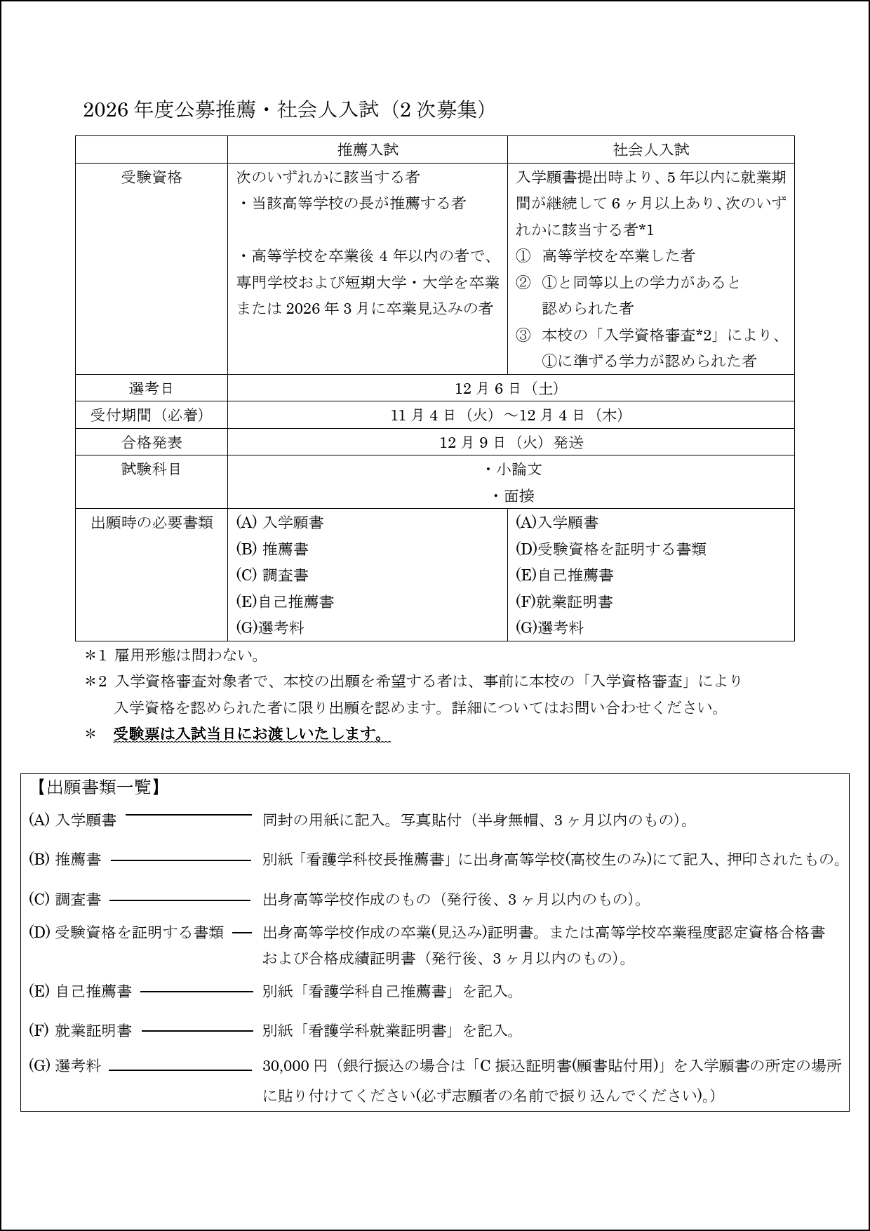 看護学科 推薦・社会人入試２次募集のお知らせ
